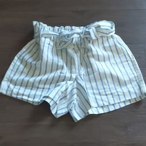 Blue and white striped paper bag shorts